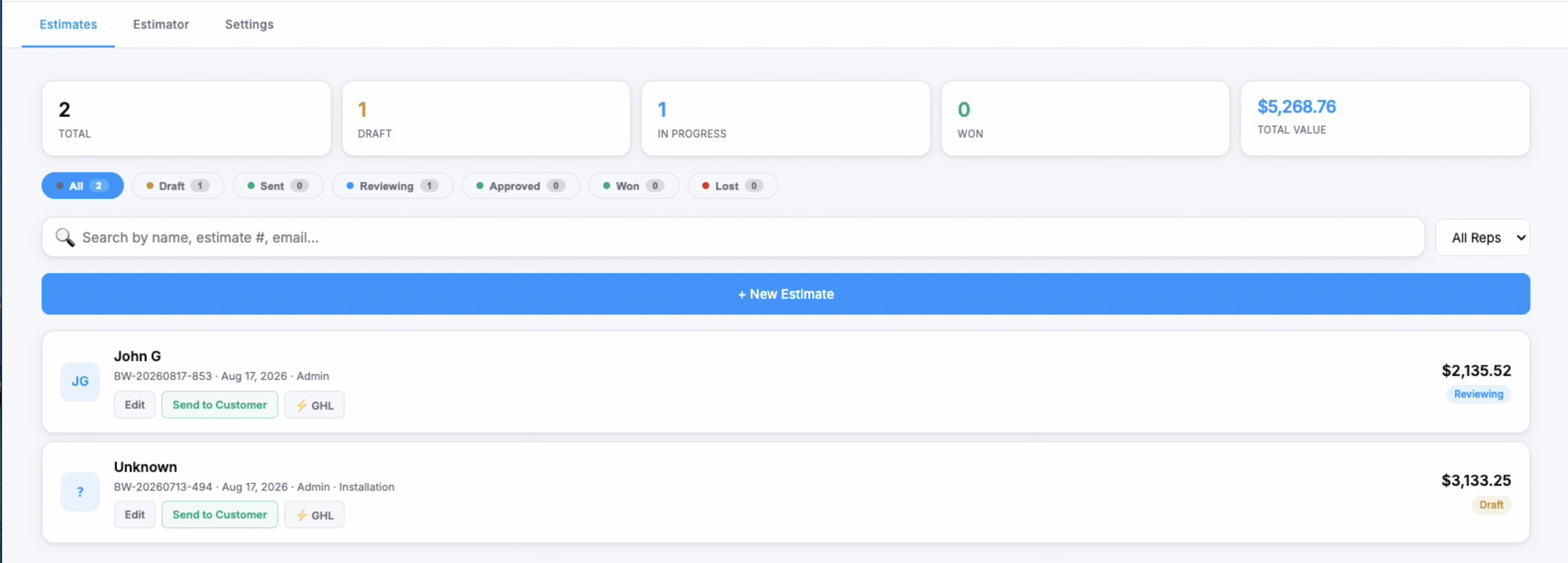 ASAP Bids estimator dashboard